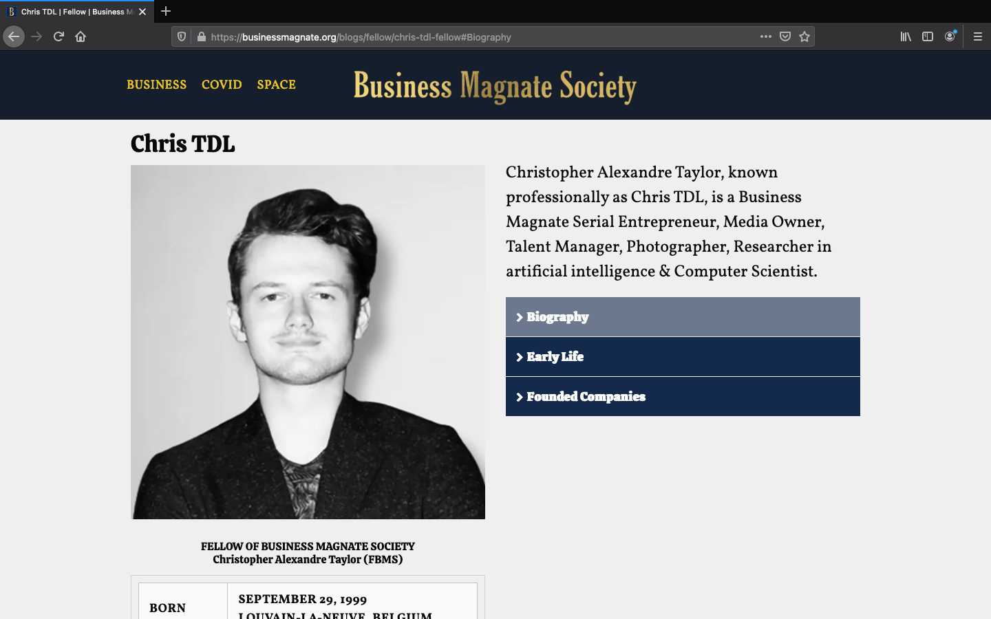 Entrepreneur and researcher Chris TDL (FBMS) Elected as Fellow of the Business Magnate Society., Magnate Daily